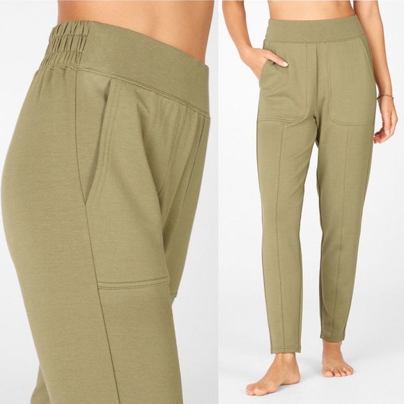 Fabletics Gemma Joggers Medium Green Womens Athleisure Terry Pants Stretch - Picture 13 of 13